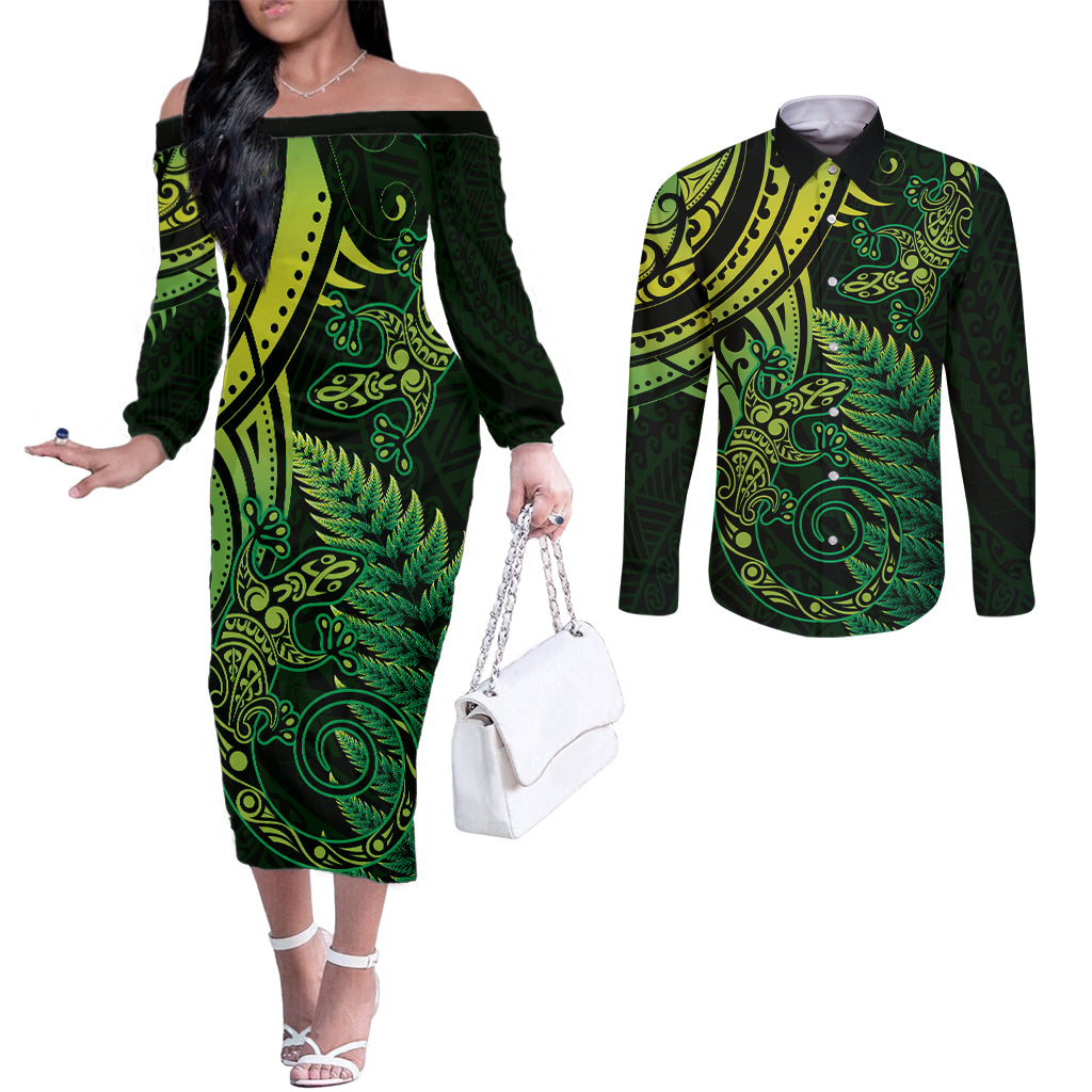 New Zealand Lizard Couples Matching Off The Shoulder Long Sleeve Dress and Long Sleeve Button Shirt Silver Fern Aotearoa Maori Green Version LT14 Green - Polynesian Pride