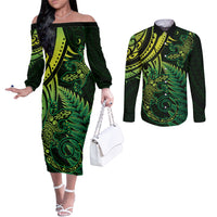 New Zealand Lizard Couples Matching Off The Shoulder Long Sleeve Dress and Long Sleeve Button Shirt Silver Fern Aotearoa Maori Green Version LT14 Green - Polynesian Pride