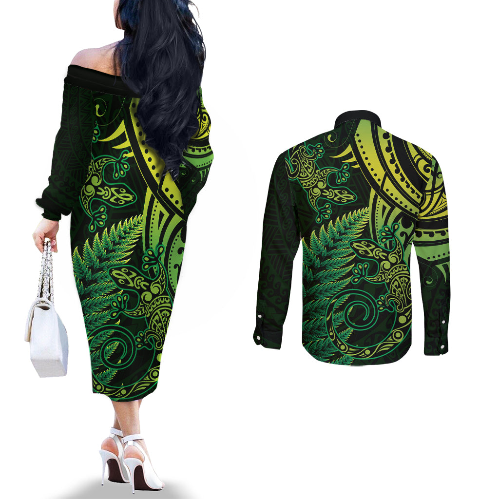 New Zealand Lizard Couples Matching Off The Shoulder Long Sleeve Dress and Long Sleeve Button Shirt Silver Fern Aotearoa Maori Green Version LT14 - Polynesian Pride