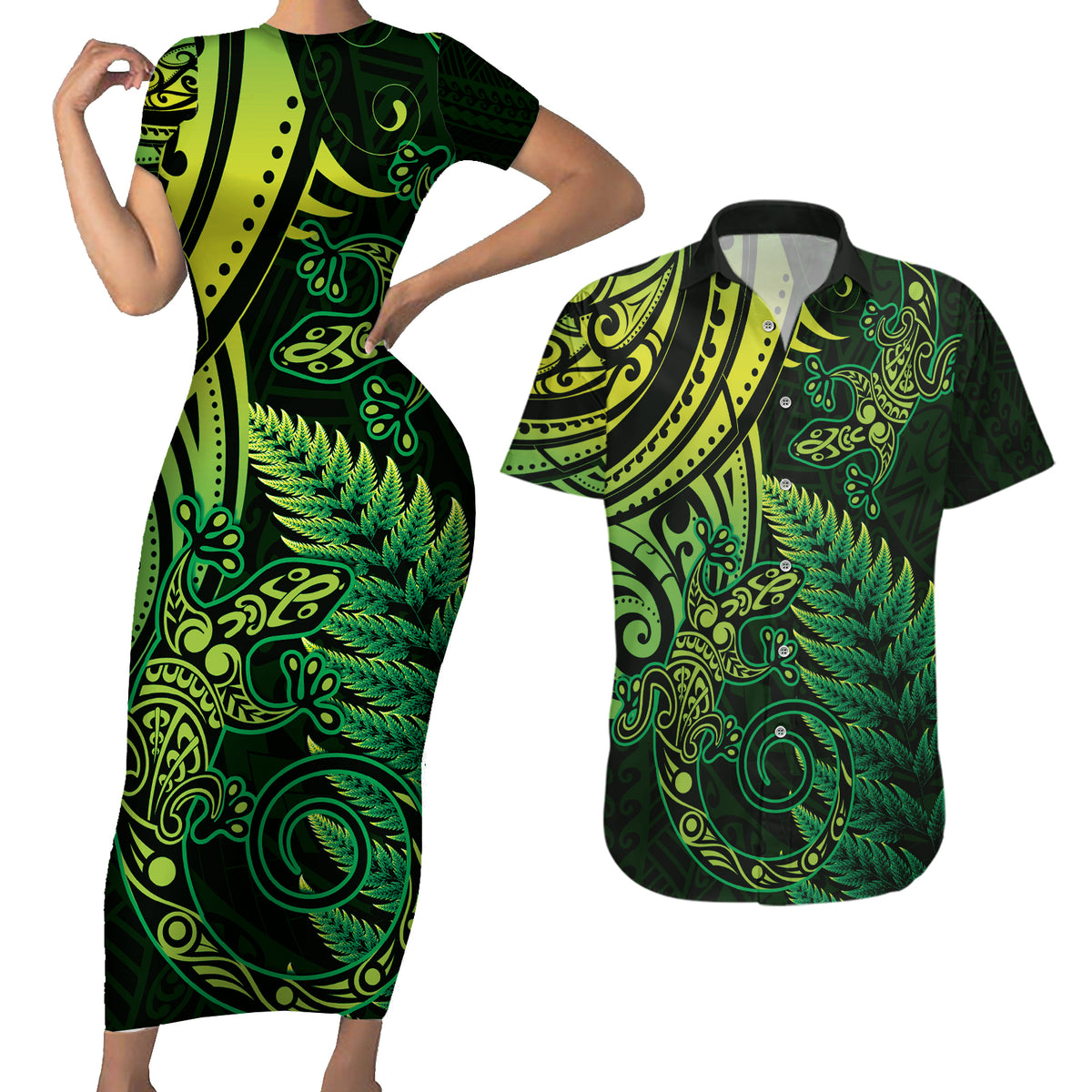 New Zealand Lizard Couples Matching Short Sleeve Bodycon Dress and Hawaiian Shirt Silver Fern Aotearoa Maori Green Version LT14 Green - Polynesian Pride