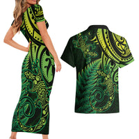 New Zealand Lizard Couples Matching Short Sleeve Bodycon Dress and Hawaiian Shirt Silver Fern Aotearoa Maori Green Version LT14 - Polynesian Pride