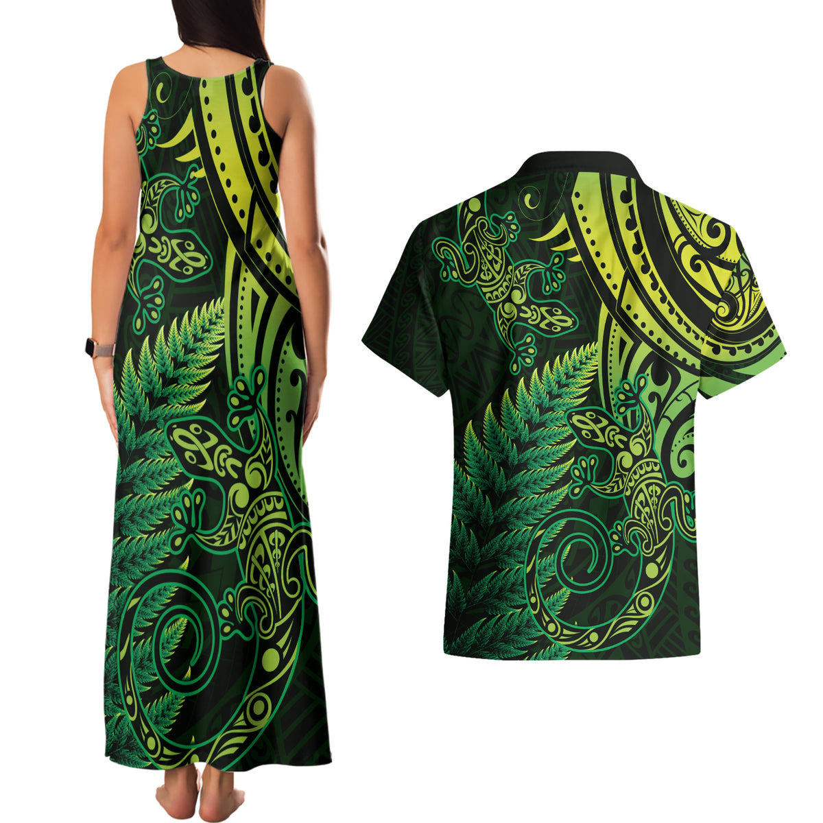 New Zealand Lizard Couples Matching Tank Maxi Dress and Hawaiian Shirt Silver Fern Aotearoa Maori Green Version LT14 - Polynesian Pride