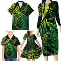 New Zealand Lizard Family Matching Long Sleeve Bodycon Dress and Hawaiian Shirt Silver Fern Aotearoa Maori Green Version LT14 - Polynesian Pride