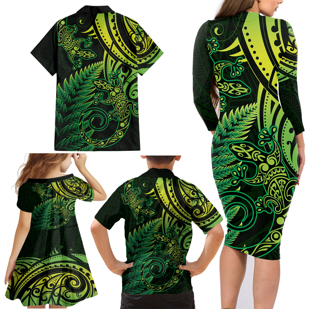 New Zealand Lizard Family Matching Long Sleeve Bodycon Dress and Hawaiian Shirt Silver Fern Aotearoa Maori Green Version LT14 - Polynesian Pride