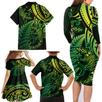 New Zealand Lizard Family Matching Long Sleeve Bodycon Dress and Hawaiian Shirt Silver Fern Aotearoa Maori Green Version LT14 - Polynesian Pride