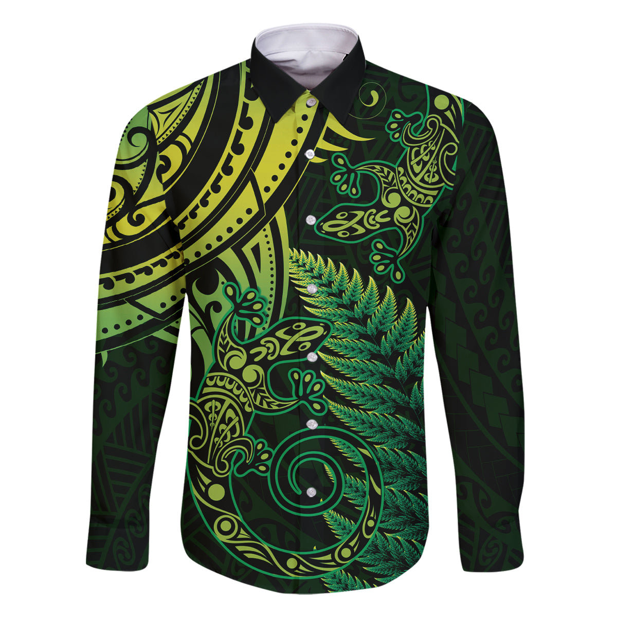 New Zealand Lizard Family Matching Long Sleeve Bodycon Dress and Hawaiian Shirt Silver Fern Aotearoa Maori Green Version LT14 Dad's Shirt - Long Sleeve Green - Polynesian Pride