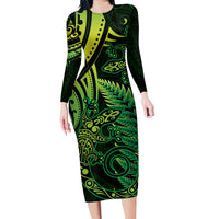 New Zealand Lizard Family Matching Long Sleeve Bodycon Dress and Hawaiian Shirt Silver Fern Aotearoa Maori Green Version LT14 Mom's Dress Green - Polynesian Pride