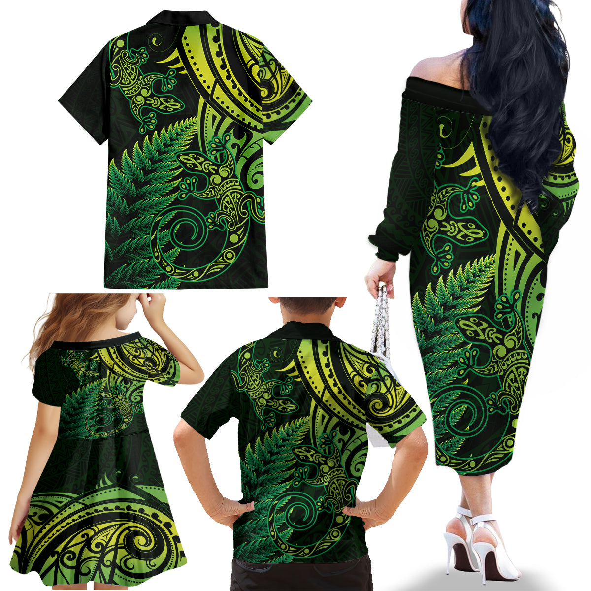New Zealand Lizard Family Matching Off The Shoulder Long Sleeve Dress and Hawaiian Shirt Silver Fern Aotearoa Maori Green Version LT14 - Polynesian Pride
