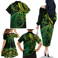 New Zealand Lizard Family Matching Off The Shoulder Long Sleeve Dress and Hawaiian Shirt Silver Fern Aotearoa Maori Green Version LT14 - Polynesian Pride