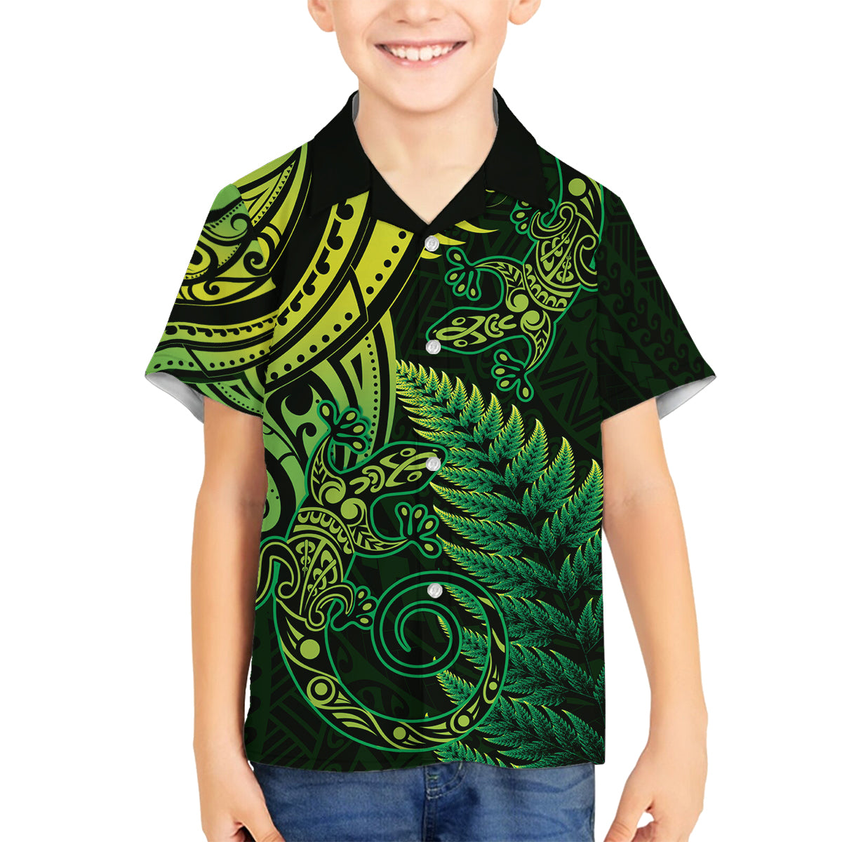 New Zealand Lizard Family Matching Off The Shoulder Long Sleeve Dress and Hawaiian Shirt Silver Fern Aotearoa Maori Green Version LT14 Son's Shirt Green - Polynesian Pride