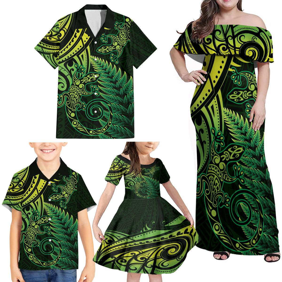 New Zealand Lizard Family Matching Off Shoulder Maxi Dress and Hawaiian Shirt Silver Fern Aotearoa Maori Green Version LT14 - Polynesian Pride