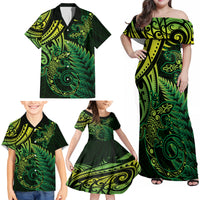 New Zealand Lizard Family Matching Off Shoulder Maxi Dress and Hawaiian Shirt Silver Fern Aotearoa Maori Green Version LT14 - Polynesian Pride