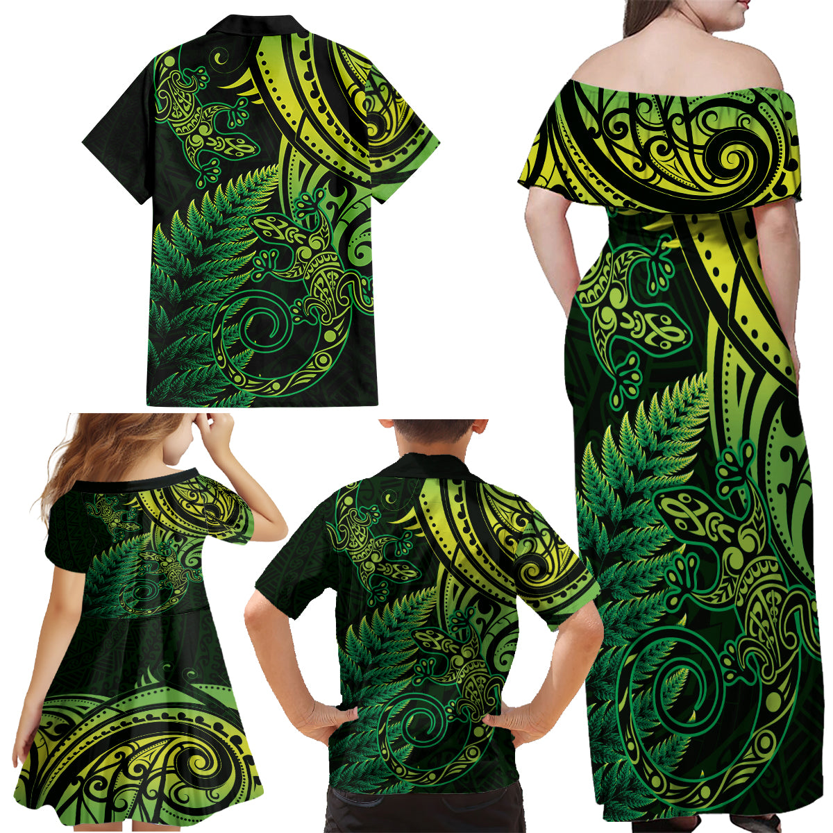 New Zealand Lizard Family Matching Off Shoulder Maxi Dress and Hawaiian Shirt Silver Fern Aotearoa Maori Green Version LT14 - Polynesian Pride