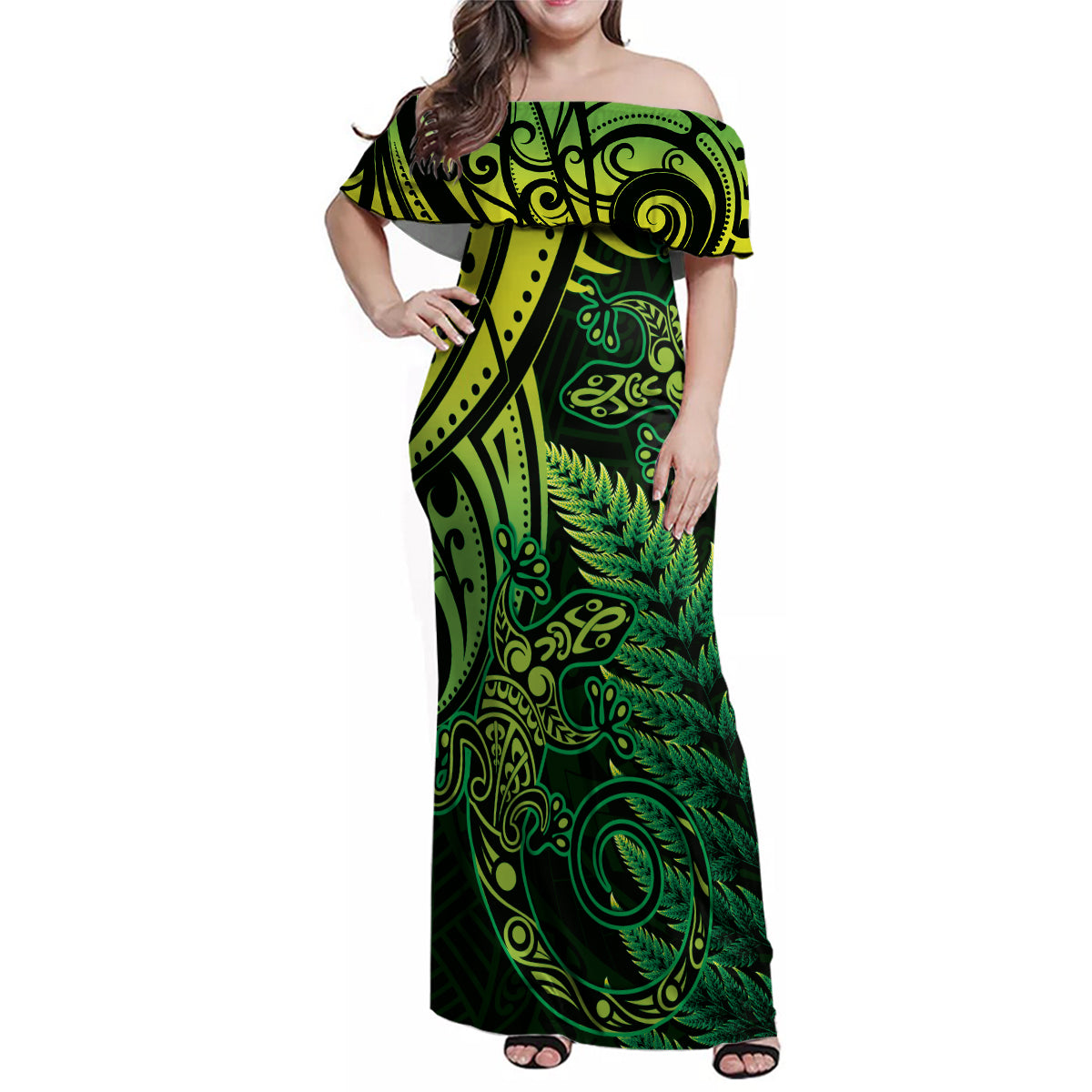 New Zealand Lizard Family Matching Off Shoulder Maxi Dress and Hawaiian Shirt Silver Fern Aotearoa Maori Green Version LT14 Mom's Dress Green - Polynesian Pride