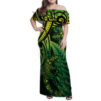 New Zealand Lizard Family Matching Off Shoulder Maxi Dress and Hawaiian Shirt Silver Fern Aotearoa Maori Green Version LT14 Mom's Dress Green - Polynesian Pride