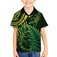 New Zealand Lizard Family Matching Off Shoulder Maxi Dress and Hawaiian Shirt Silver Fern Aotearoa Maori Green Version LT14 Son's Shirt Green - Polynesian Pride