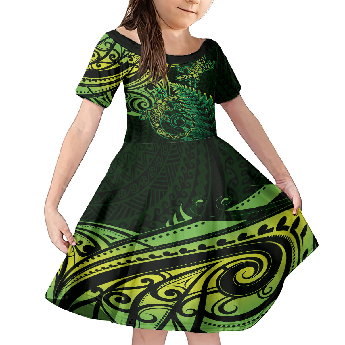 New Zealand Lizard Family Matching Off Shoulder Short Dress and Hawaiian Shirt Silver Fern Aotearoa Maori Green Version LT14 Daughter's Dress Green - Polynesian Pride