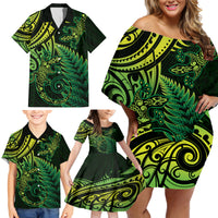 New Zealand Lizard Family Matching Off Shoulder Short Dress and Hawaiian Shirt Silver Fern Aotearoa Maori Green Version LT14 - Polynesian Pride