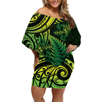 New Zealand Lizard Family Matching Off Shoulder Short Dress and Hawaiian Shirt Silver Fern Aotearoa Maori Green Version LT14 Mom's Dress Green - Polynesian Pride