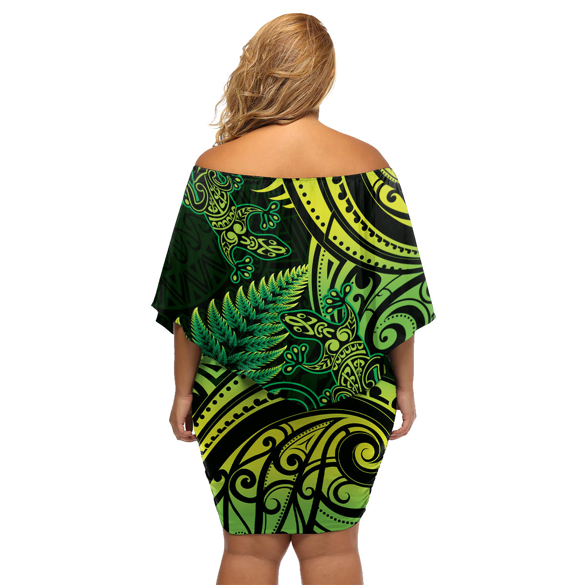 New Zealand Lizard Family Matching Off Shoulder Short Dress and Hawaiian Shirt Silver Fern Aotearoa Maori Green Version LT14 - Polynesian Pride