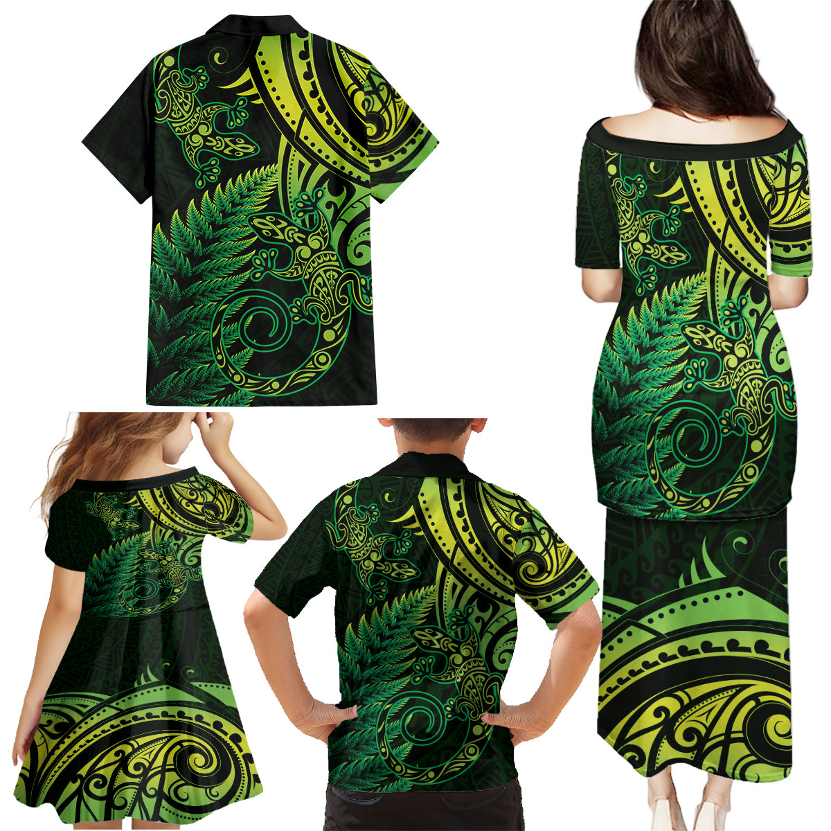 New Zealand Lizard Family Matching Puletasi and Hawaiian Shirt Silver Fern Aotearoa Maori Green Version LT14 - Polynesian Pride