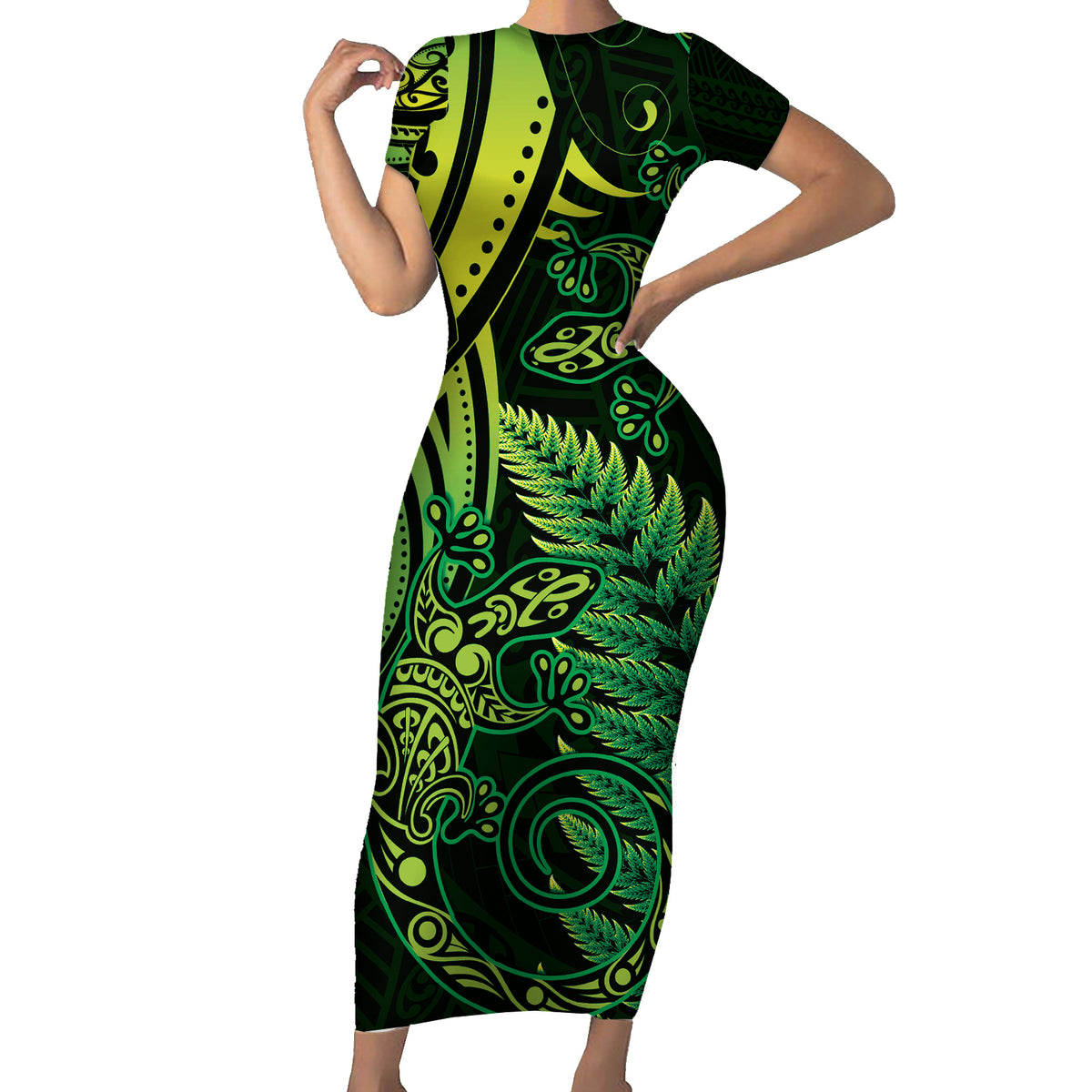 New Zealand Lizard Family Matching Short Sleeve Bodycon Dress and Hawaiian Shirt Silver Fern Aotearoa Maori Green Version LT14 Mom's Dress Green - Polynesian Pride