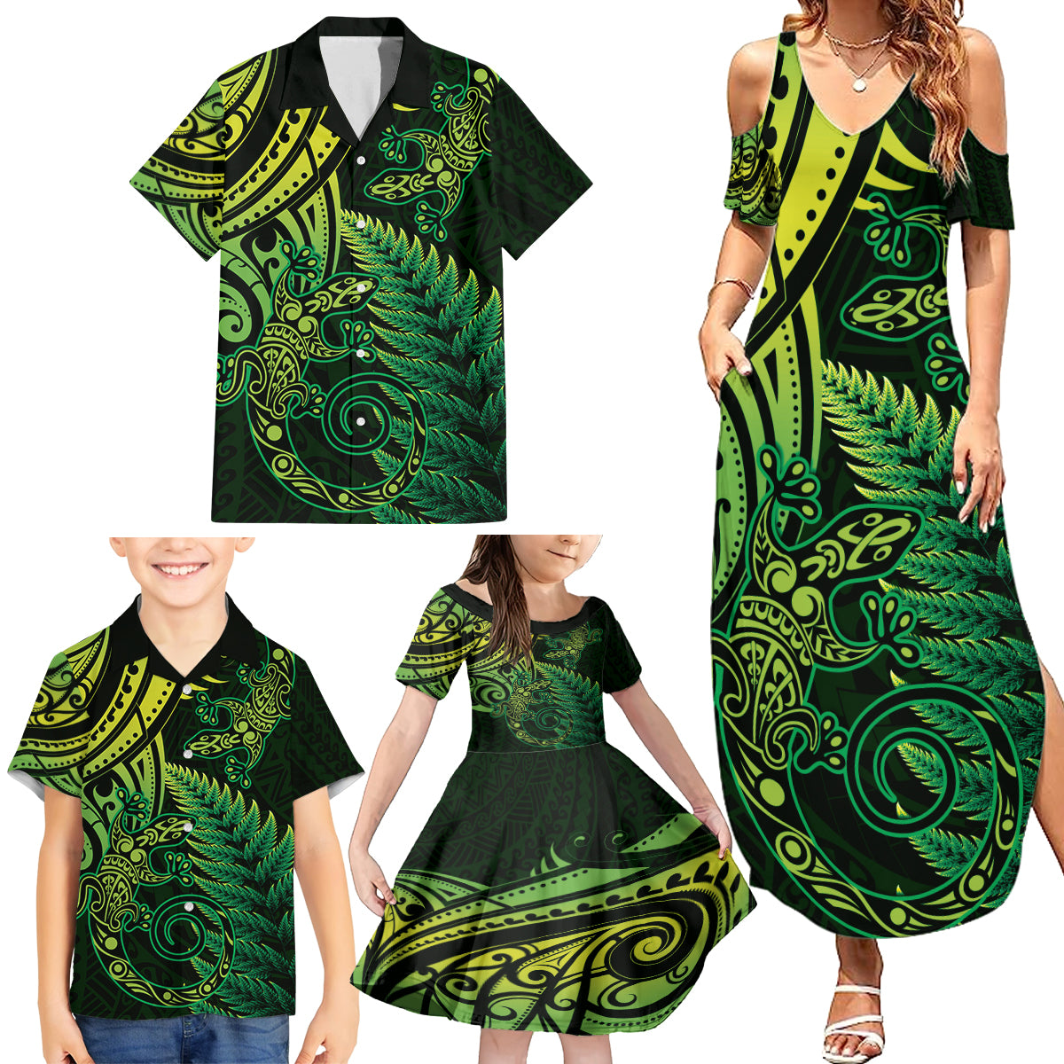 New Zealand Lizard Family Matching Summer Maxi Dress and Hawaiian Shirt Silver Fern Aotearoa Maori Green Version LT14 - Polynesian Pride