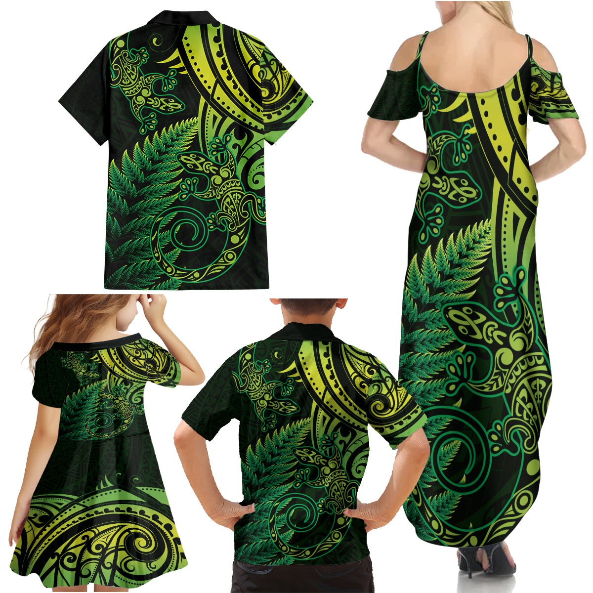 New Zealand Lizard Family Matching Summer Maxi Dress and Hawaiian Shirt Silver Fern Aotearoa Maori Green Version LT14 - Polynesian Pride