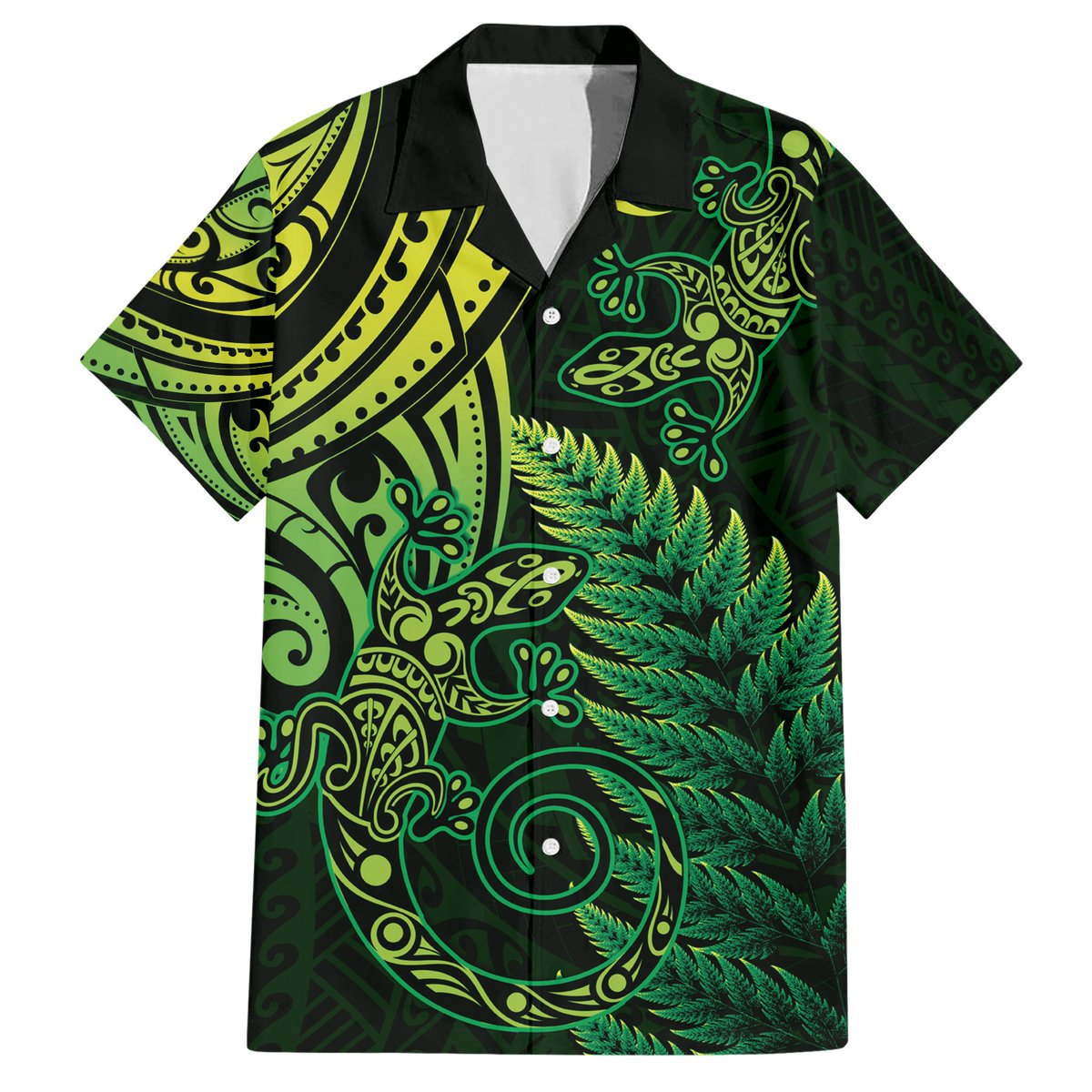 New Zealand Lizard Hawaiian Shirt Silver Fern Aotearoa Maori Green Version