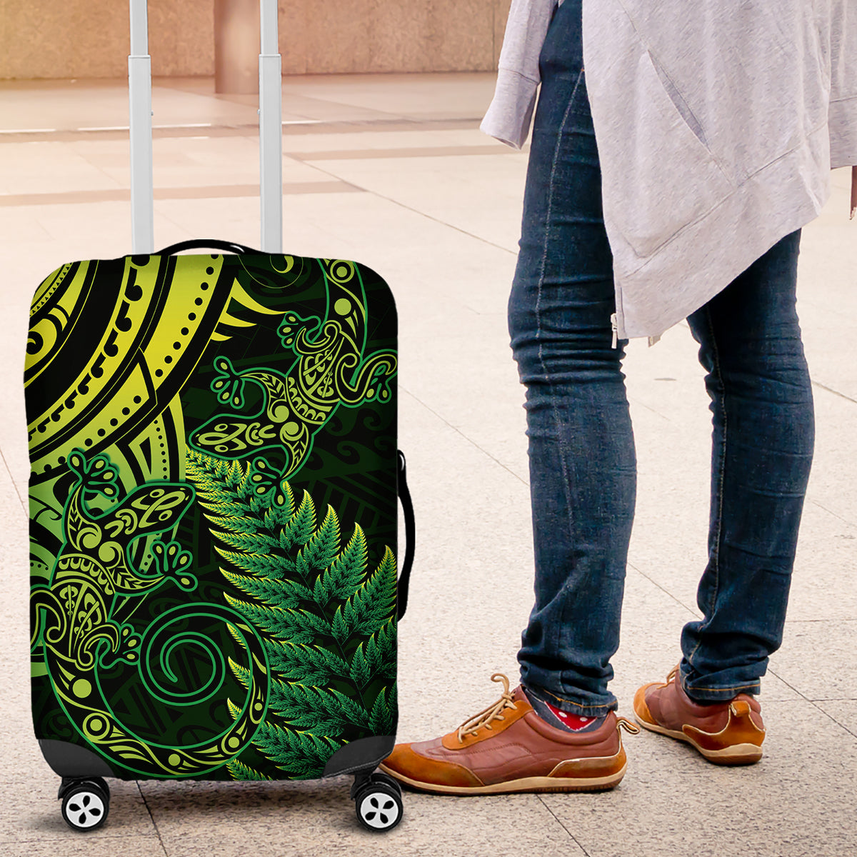 New Zealand Lizard Luggage Cover Silver Fern Aotearoa Maori Green Version