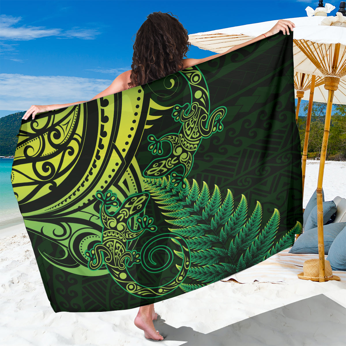 New Zealand Lizard Sarong Silver Fern Aotearoa Maori Green Version LT14 One Size 44 x 66 inches Green - Polynesian Pride