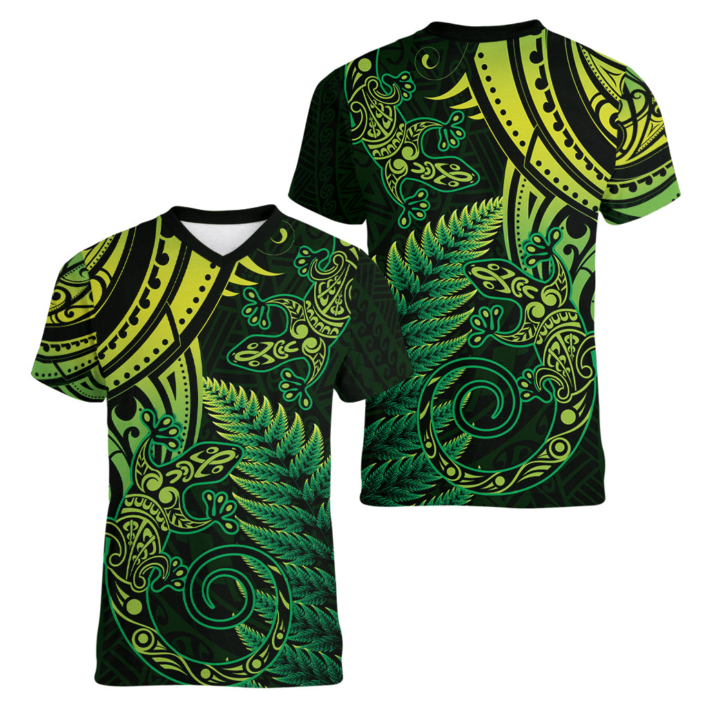 New Zealand Lizard Women V Neck T Shirt Silver Fern Aotearoa Maori Green Version