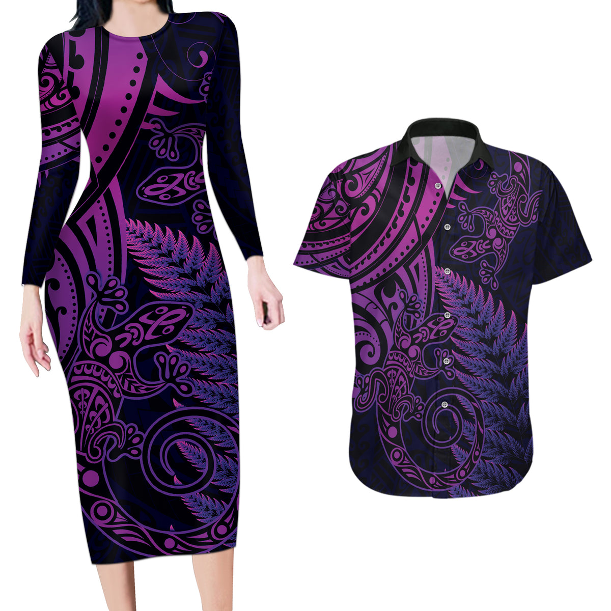New Zealand Lizard Couples Matching Long Sleeve Bodycon Dress and Hawaiian Shirt Silver Fern Aotearoa Maori Purple Version LT14 Purple - Polynesian Pride