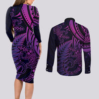 New Zealand Lizard Couples Matching Long Sleeve Bodycon Dress and Long Sleeve Button Shirt Silver Fern Aotearoa Maori Purple Version LT14 - Polynesian Pride