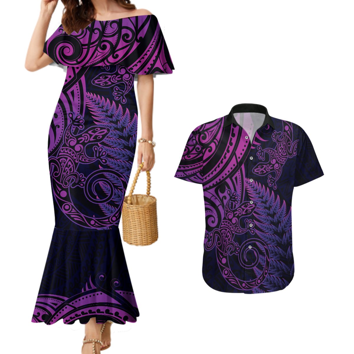New Zealand Lizard Couples Matching Mermaid Dress and Hawaiian Shirt Silver Fern Aotearoa Maori Purple Version LT14 Purple - Polynesian Pride