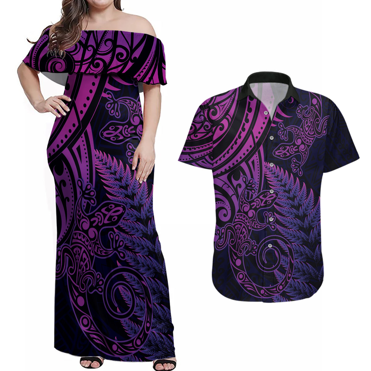 New Zealand Lizard Couples Matching Off Shoulder Maxi Dress and Hawaiian Shirt Silver Fern Aotearoa Maori Purple Version LT14 Purple - Polynesian Pride