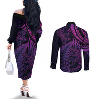 New Zealand Lizard Couples Matching Off The Shoulder Long Sleeve Dress and Long Sleeve Button Shirt Silver Fern Aotearoa Maori Purple Version LT14 - Polynesian Pride