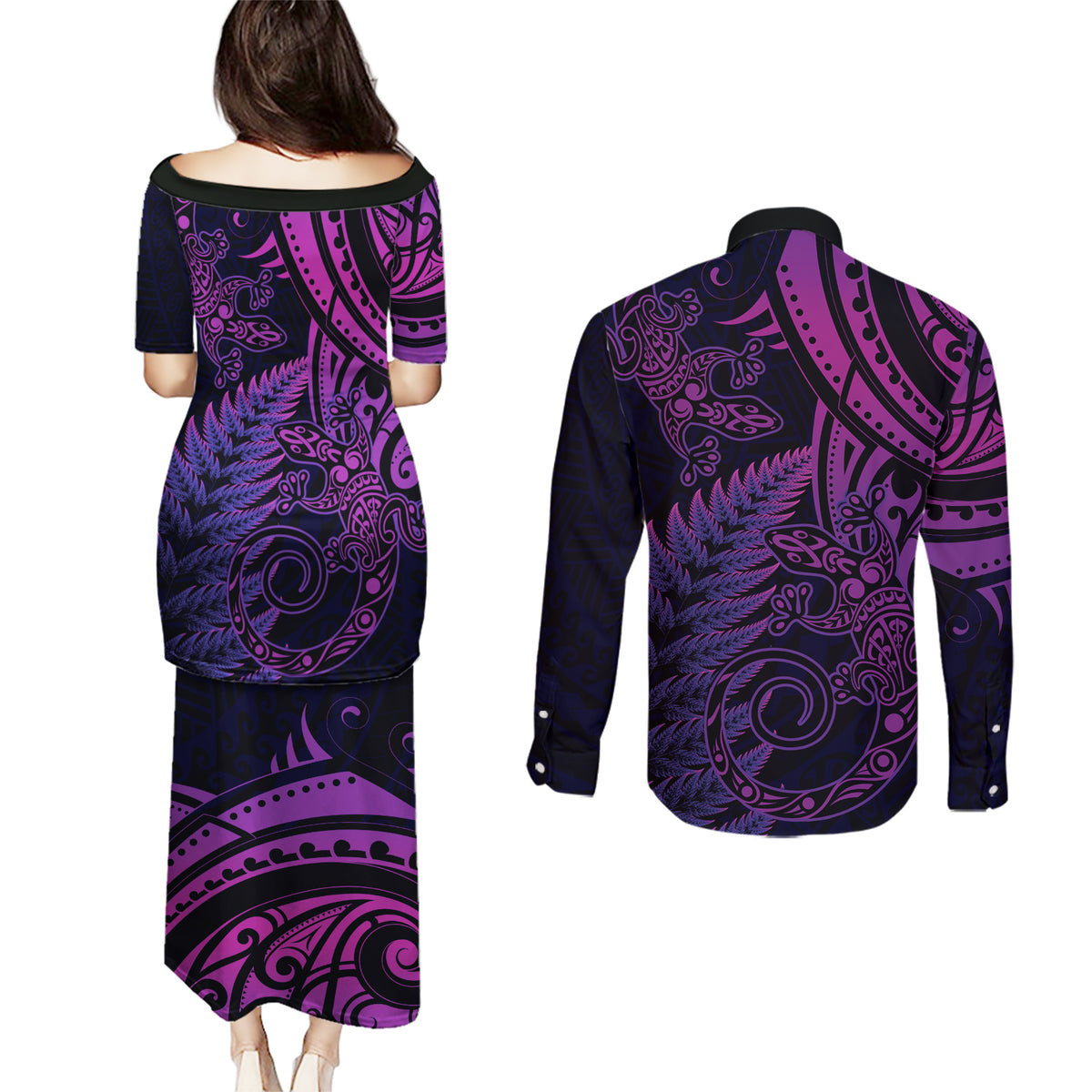 New Zealand Lizard Couples Matching Puletasi and Long Sleeve Button Shirt Silver Fern Aotearoa Maori Purple Version