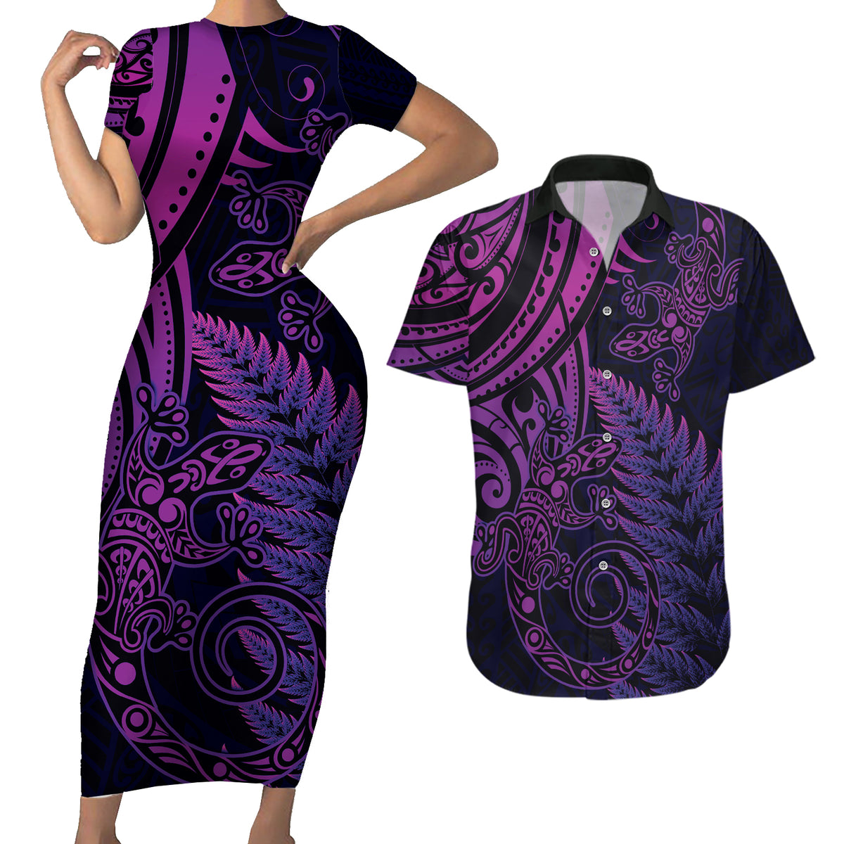 New Zealand Lizard Couples Matching Short Sleeve Bodycon Dress and Hawaiian Shirt Silver Fern Aotearoa Maori Purple Version LT14 Purple - Polynesian Pride