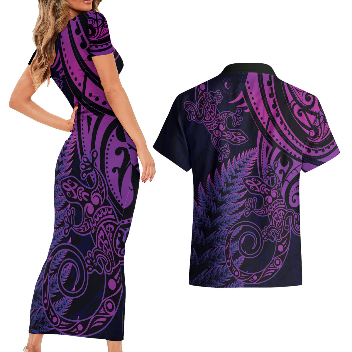 New Zealand Lizard Couples Matching Short Sleeve Bodycon Dress and Hawaiian Shirt Silver Fern Aotearoa Maori Purple Version LT14 - Polynesian Pride