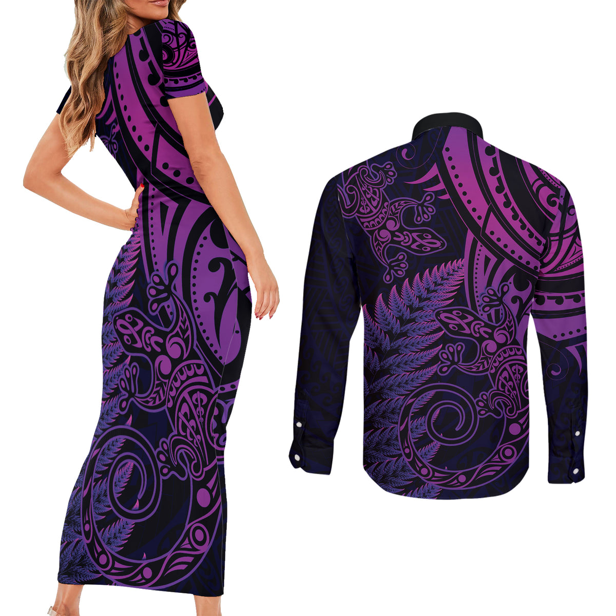 New Zealand Lizard Couples Matching Short Sleeve Bodycon Dress and Long Sleeve Button Shirt Silver Fern Aotearoa Maori Purple Version LT14 - Polynesian Pride