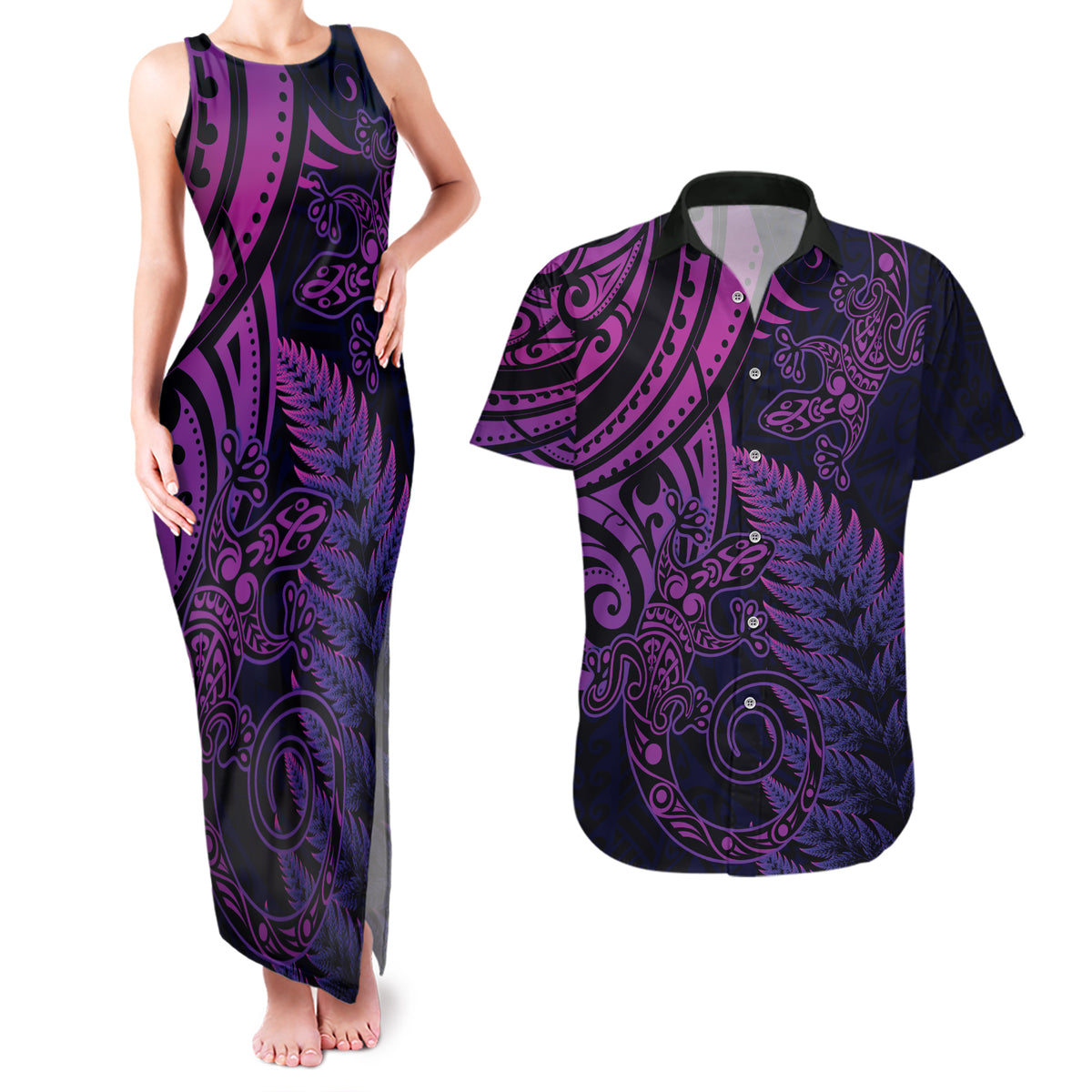 New Zealand Lizard Couples Matching Tank Maxi Dress and Hawaiian Shirt Silver Fern Aotearoa Maori Purple Version LT14 Purple - Polynesian Pride