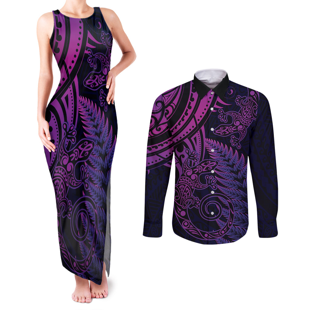 New Zealand Lizard Couples Matching Tank Maxi Dress and Long Sleeve Button Shirt Silver Fern Aotearoa Maori Purple Version LT14 Purple - Polynesian Pride