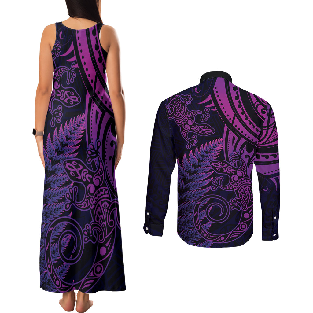 New Zealand Lizard Couples Matching Tank Maxi Dress and Long Sleeve Button Shirt Silver Fern Aotearoa Maori Purple Version LT14 - Polynesian Pride