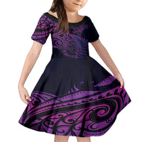 New Zealand Lizard Family Matching Long Sleeve Bodycon Dress and Hawaiian Shirt Silver Fern Aotearoa Maori Purple Version LT14 Daughter's Dress Purple - Polynesian Pride