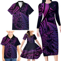 New Zealand Lizard Family Matching Long Sleeve Bodycon Dress and Hawaiian Shirt Silver Fern Aotearoa Maori Purple Version LT14 - Polynesian Pride