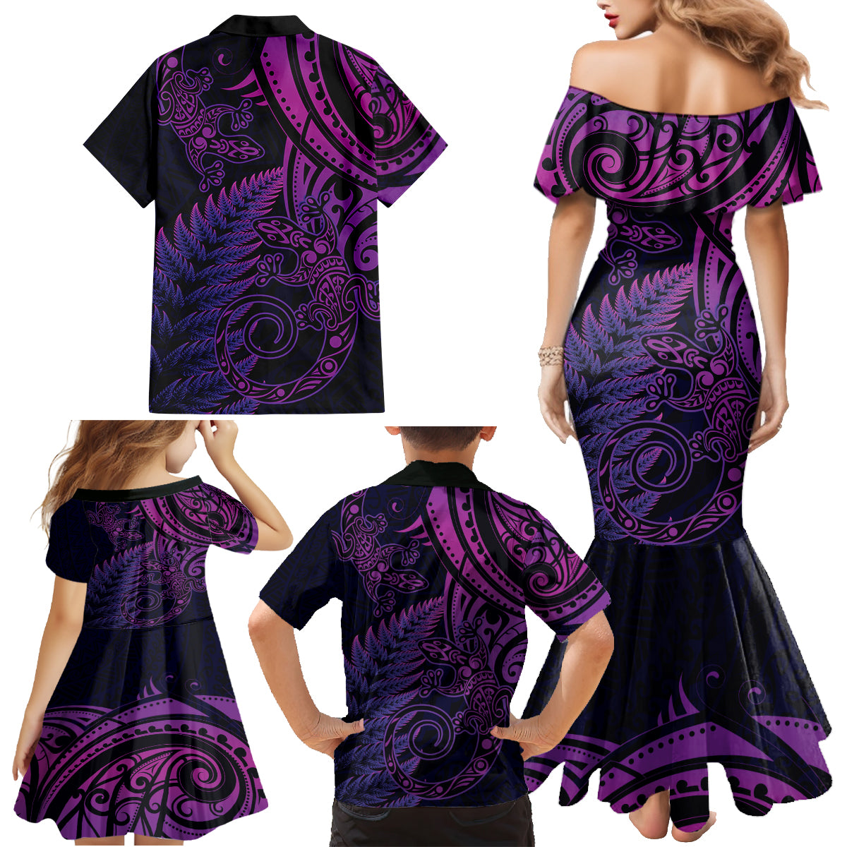 New Zealand Lizard Family Matching Mermaid Dress and Hawaiian Shirt Silver Fern Aotearoa Maori Purple Version LT14 - Polynesian Pride