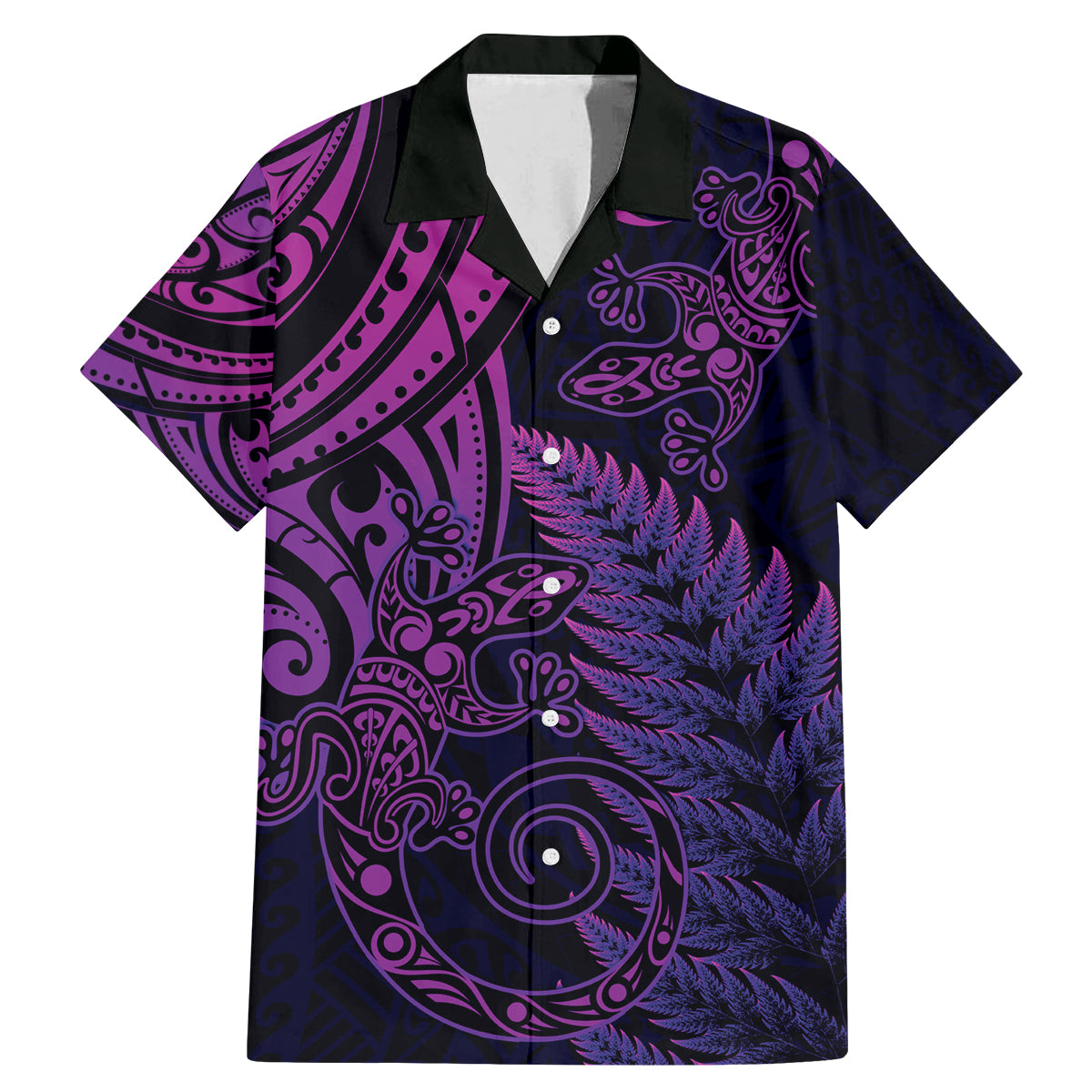 New Zealand Lizard Family Matching Mermaid Dress and Hawaiian Shirt Silver Fern Aotearoa Maori Purple Version LT14 Dad's Shirt - Short Sleeve Purple - Polynesian Pride