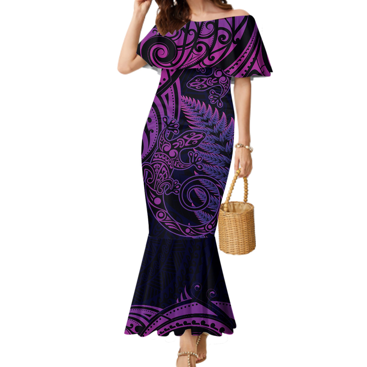New Zealand Lizard Family Matching Mermaid Dress and Hawaiian Shirt Silver Fern Aotearoa Maori Purple Version LT14 Mom's Dress Purple - Polynesian Pride