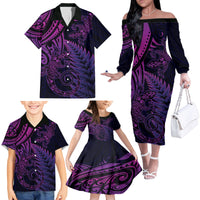 New Zealand Lizard Family Matching Off The Shoulder Long Sleeve Dress and Hawaiian Shirt Silver Fern Aotearoa Maori Purple Version LT14 - Polynesian Pride